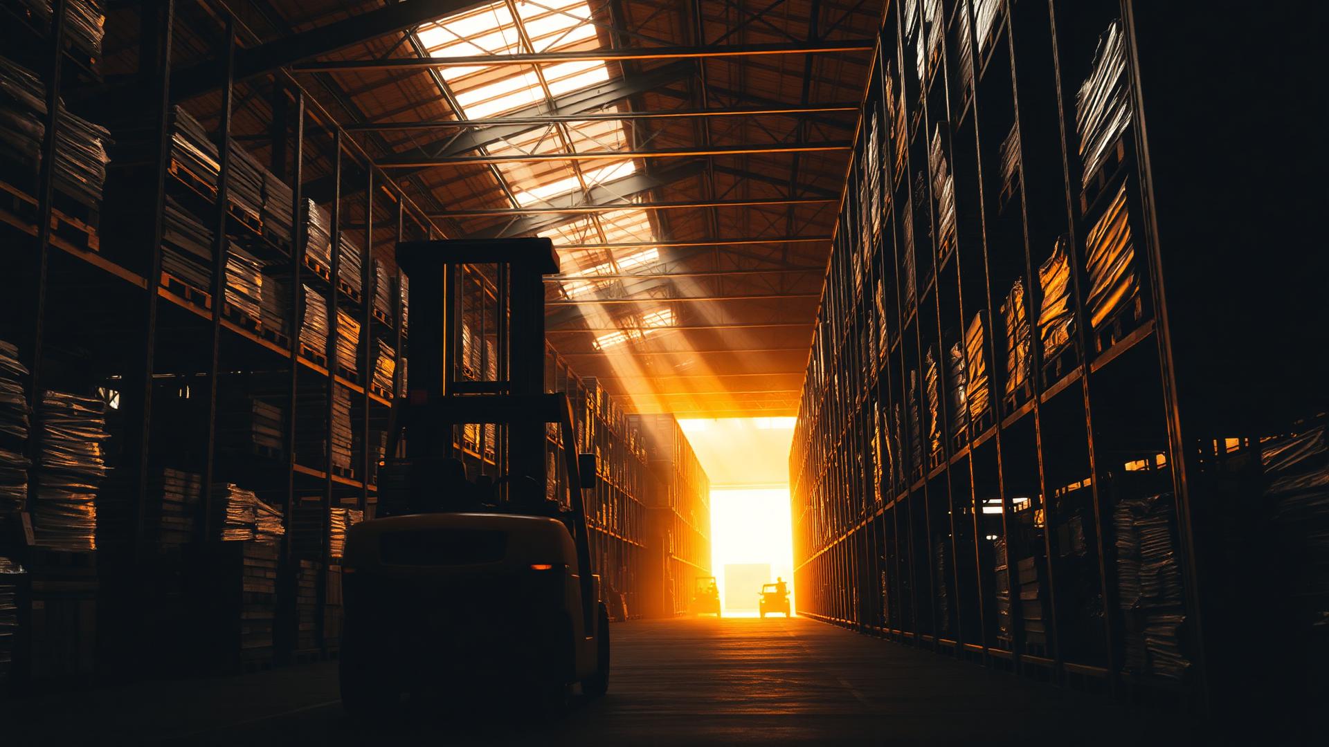 Industrial warehouse with forklift at golden hour